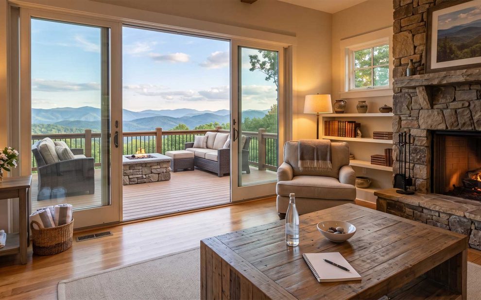 Cozy living room with a stone fireplace, large sliding doors, and a deck overlooking misty blue mountains outdoors. A beige armchair and wooden coffee table sit near a built-in bookshelf and warm lighting.