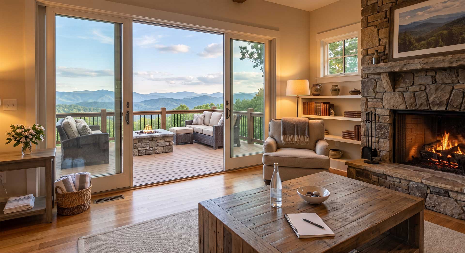 Highlands-Pre-Arrival-Home-Checklist - Property Stewards Cozy living room with a stone fireplace, large sliding doors, and a deck overlooking misty blue mountains outdoors. A beige armchair and wooden coffee table sit near a built-in bookshelf and warm lighting.