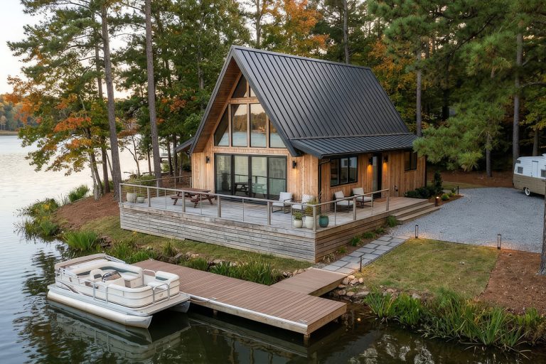 A-frame wooden cabin on a lakeside lot with a large deck, dock, and a boat beside calm water, surrounded by trees.