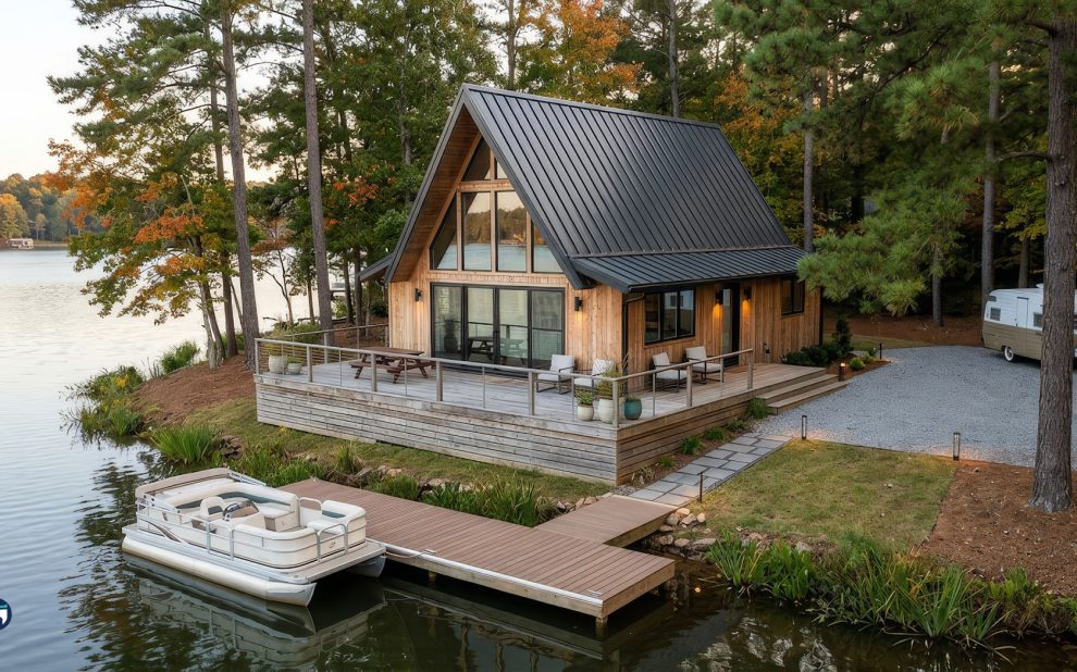 A-frame wooden cabin on a lakeside lot with a large deck, dock, and a boat beside calm water, surrounded by trees.