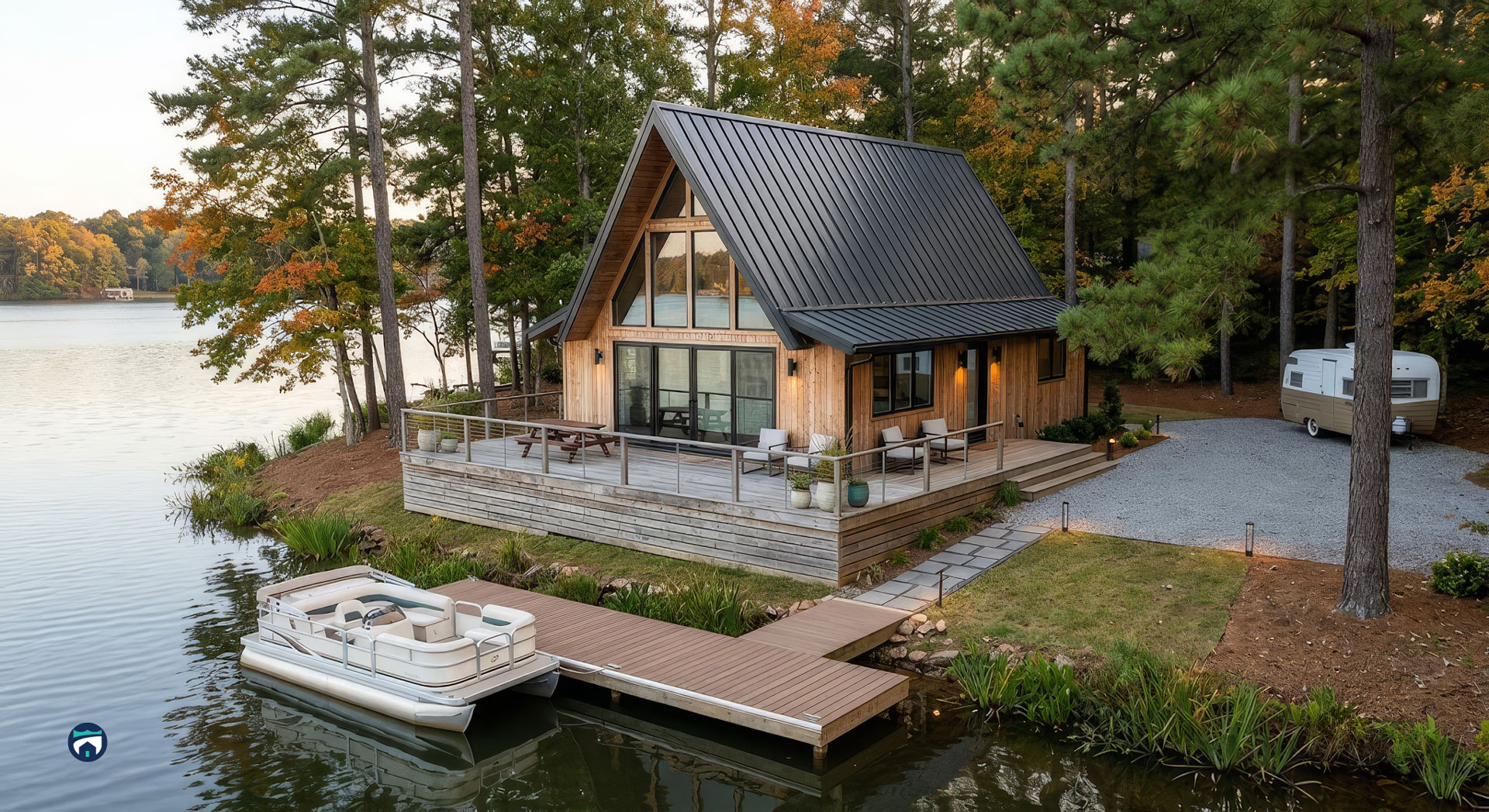Lake-Oconee-Second-Home-Management-for-Lake-Properties - Property Stewards A-frame wooden cabin on a lakeside lot with a large deck, dock, and a boat beside calm water, surrounded by trees.
