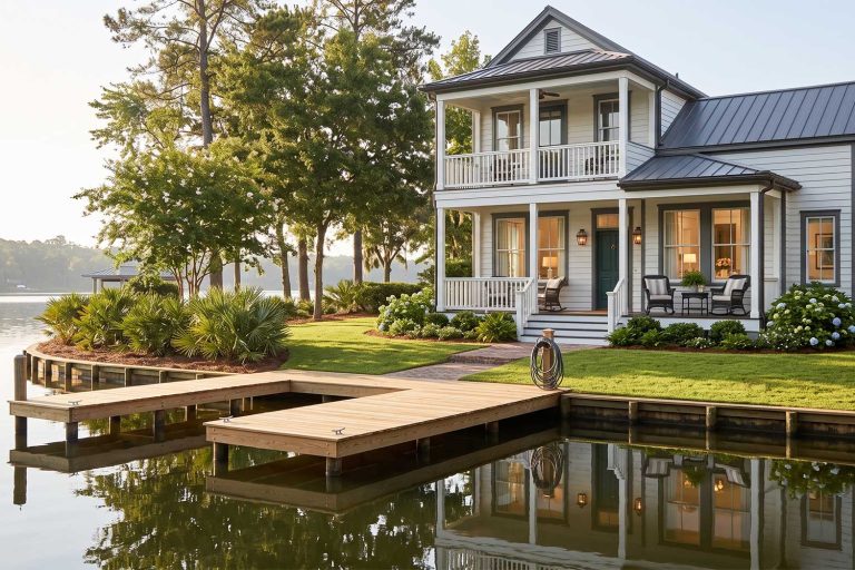 Waterfront two-story home with a wraparound porch, gray siding, and a wooden dock by a calm lake surrounded by trees and landscaping.