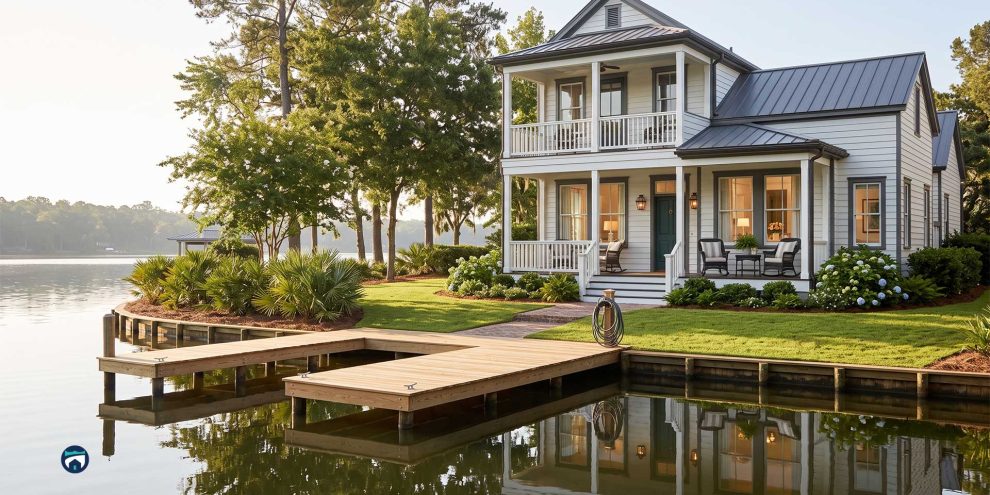 Lake-Oconee-Weekend-Arrival-Prep Waterfront two-story home with a wraparound porch, gray siding, and a wooden dock by a calm lake surrounded by trees and landscaping.