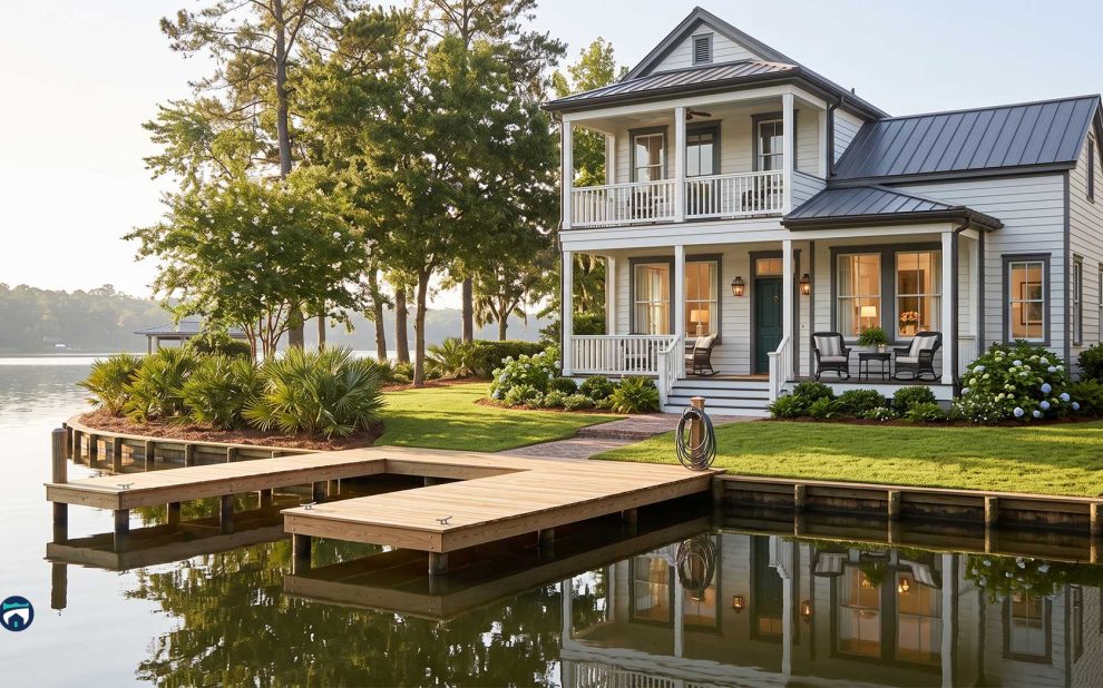Waterfront two-story home with a wraparound porch, gray siding, and a wooden dock by a calm lake surrounded by trees and landscaping.