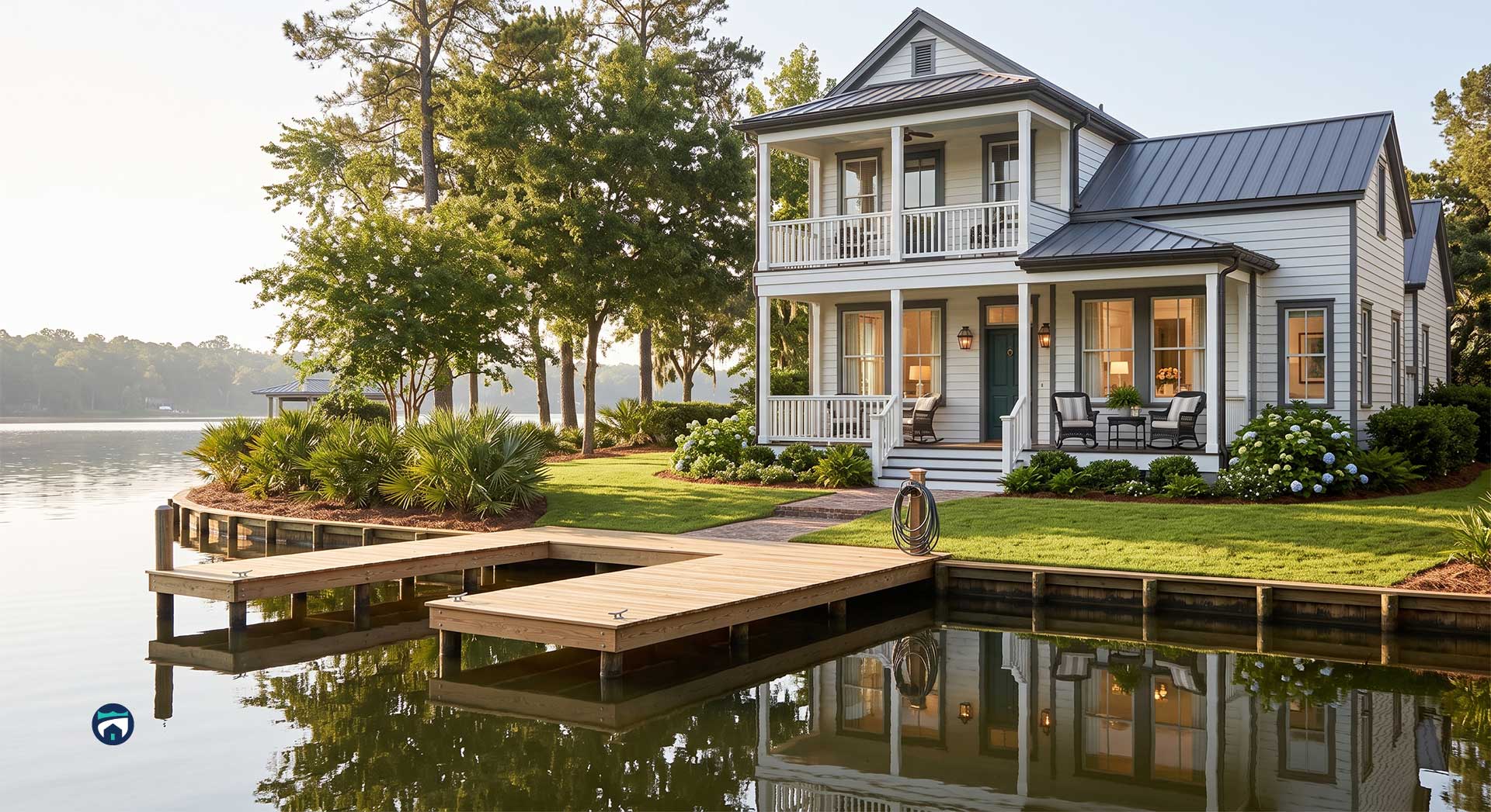 Lake-Oconee-Weekend-Arrival-Prep - Property Stewards Waterfront two-story home with a wraparound porch, gray siding, and a wooden dock by a calm lake surrounded by trees and landscaping.