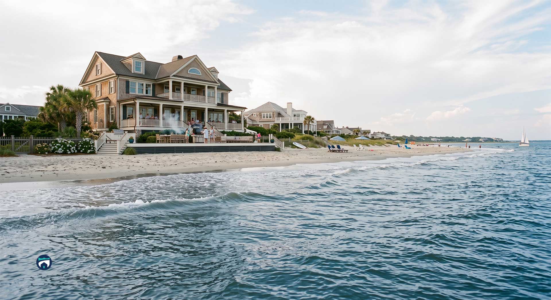 Large coastal house with wraparound porch on a sandy beach, people gathered on the patio.