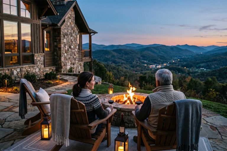 Couple sitting in Adirondack chairs around a stone fireplace on a patio, watching a sunset over rolling mountains.