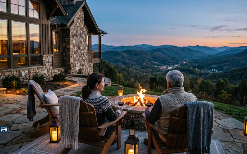 Couple sitting in Adirondack chairs around a stone fireplace on a patio, watching a sunset over rolling mountains.