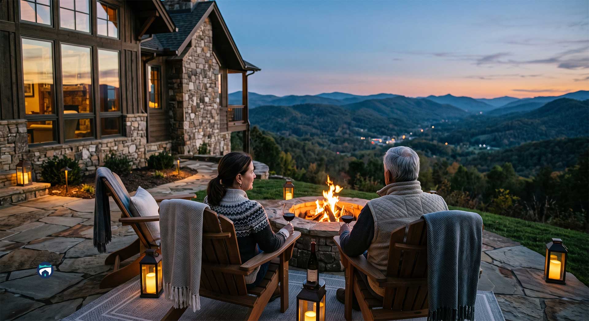 Luxury-Home-Maintenance-for-Highlands-Mountain-Homes - Property Stewards Couple sitting in Adirondack chairs around a stone fireplace on a patio, watching a sunset over rolling mountains.
