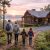 Family of four with backpacks walking toward a wooden cabin on a forest hillside at sunset. (informative)