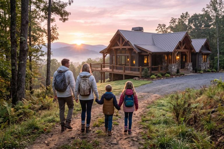 Family of four with backpacks walking toward a wooden cabin on a forest hillside at sunset. (informative)