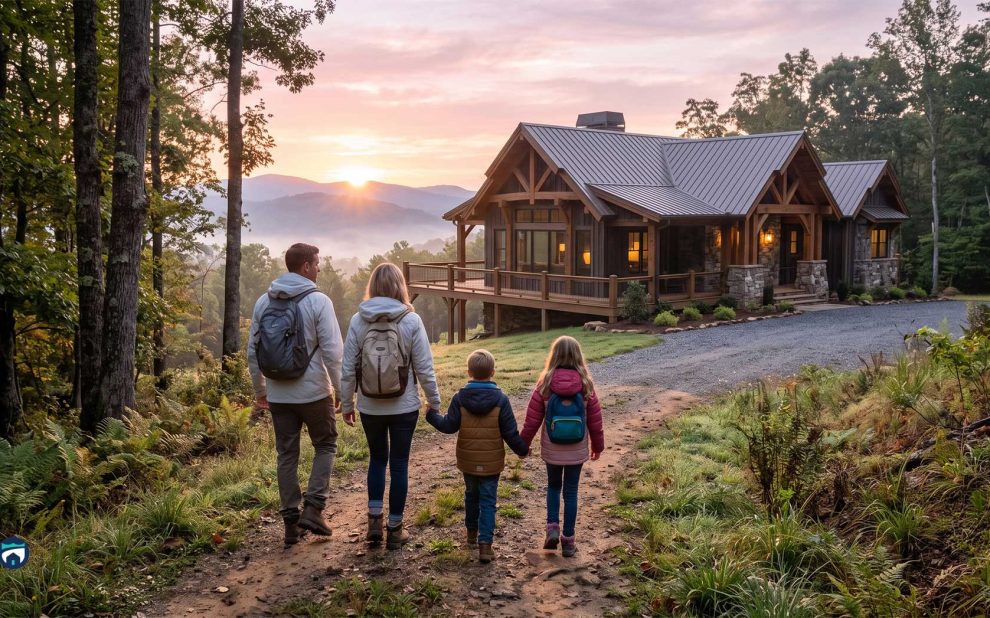 Family of four with backpacks walking toward a wooden cabin on a forest hillside at sunset. (informative)