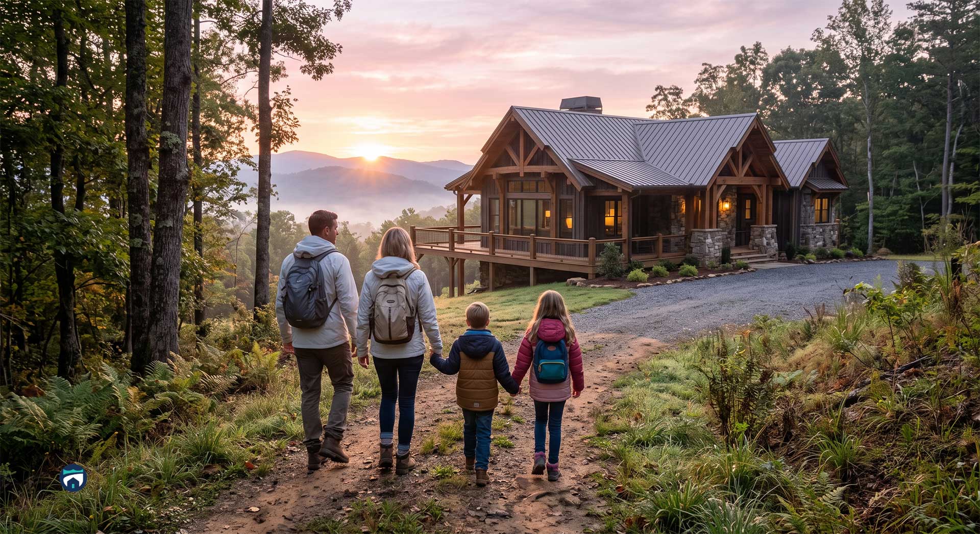 Family of four with backpacks walking toward a wooden cabin on a forest hillside at sunset. (informative)