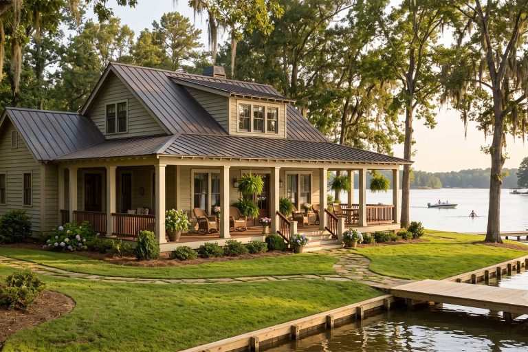 Lakeside cottage with a wraparound porch, hanging plants, and a wooden dock by calm water.