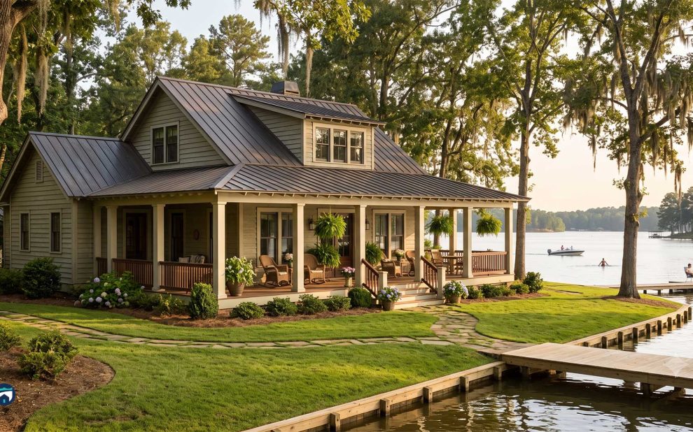 Lakeside cottage with a wraparound porch, hanging plants, and a wooden dock by calm water.