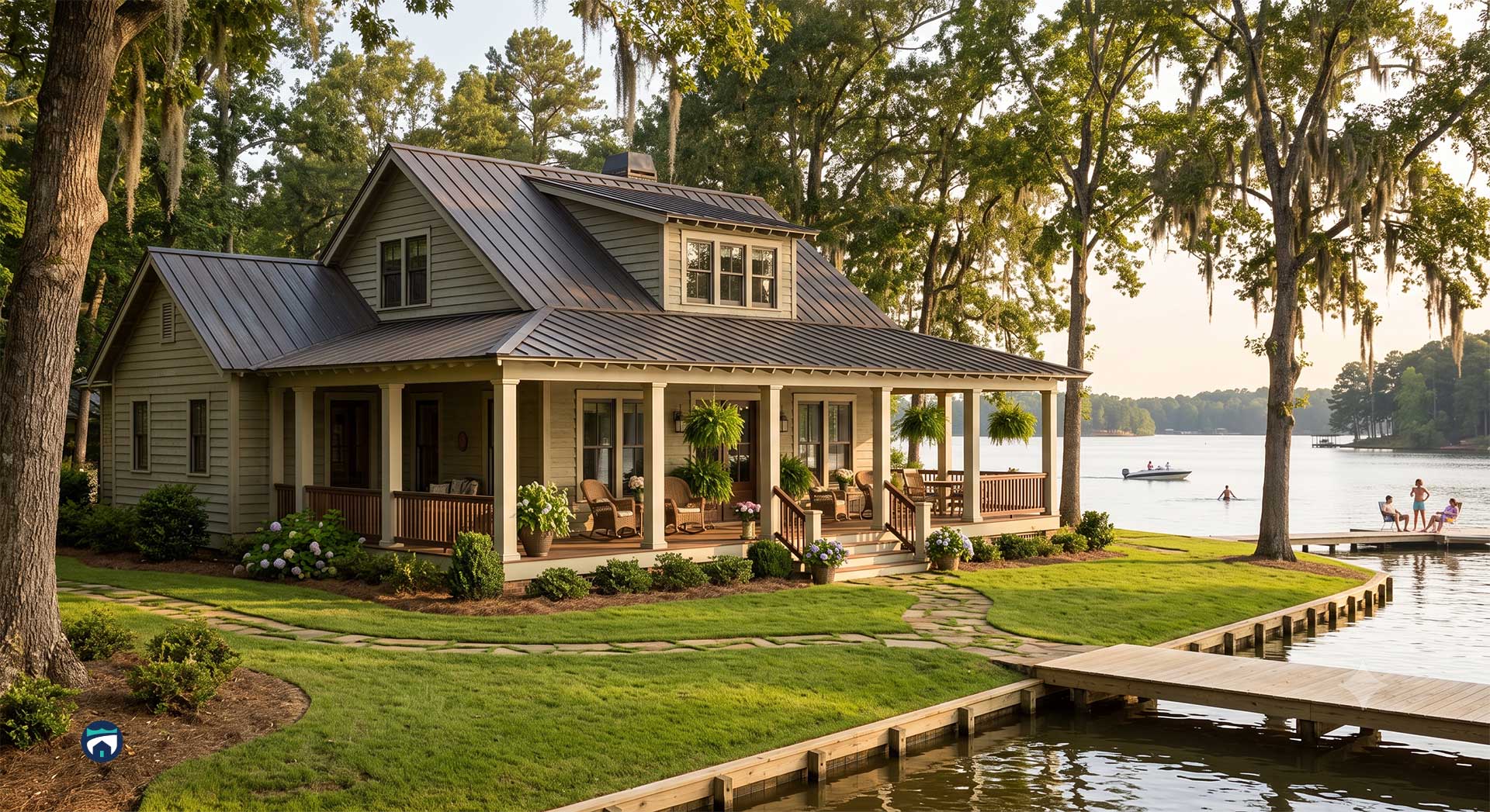 Lakeside cottage with a wraparound porch, hanging plants, and a wooden dock by calm water.