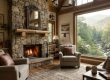 Cozy living room with a stone fireplace and large window showing a forested mountain view, leather pillows on soft chairs.