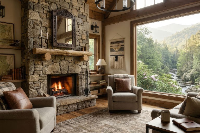 Cozy living room with a stone fireplace and large window showing a forested mountain view, leather pillows on soft chairs.