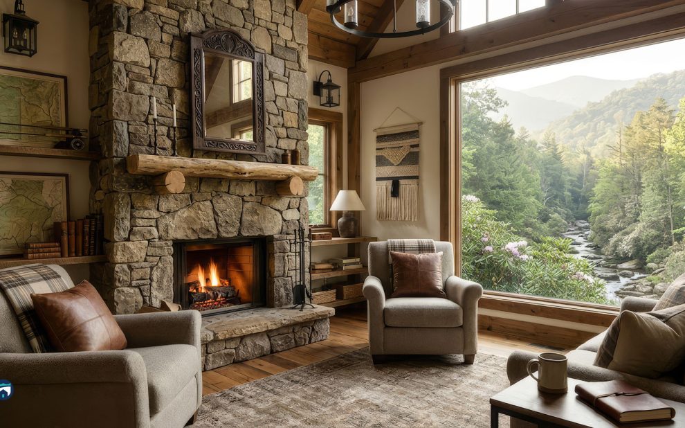 Cozy living room with a stone fireplace and large window showing a forested mountain view, leather pillows on soft chairs.