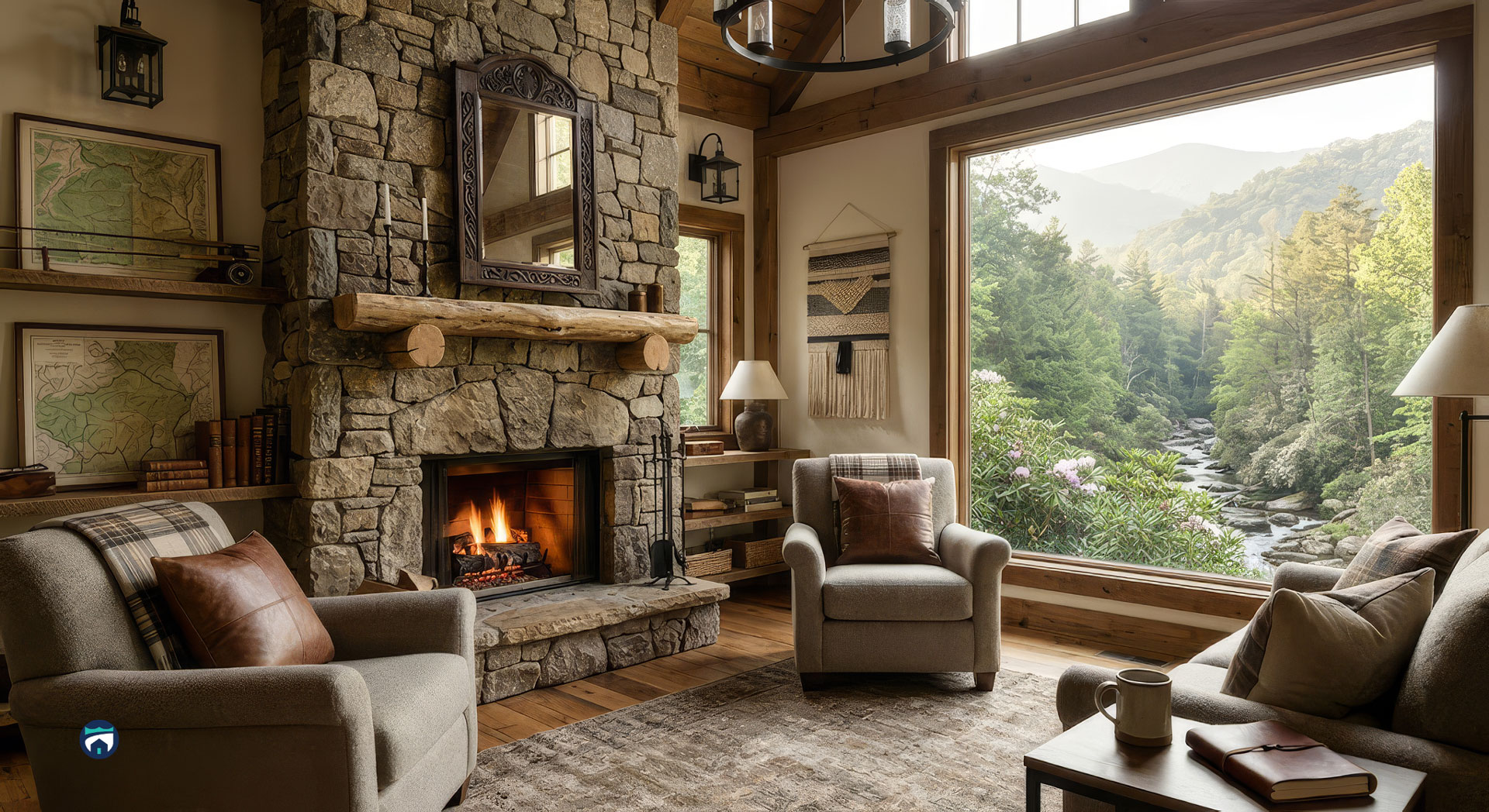 Cozy living room with a stone fireplace and large window showing a forested mountain view, leather pillows on soft chairs.