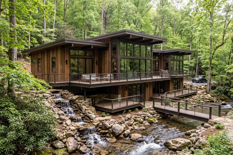Modern wooden house with expansive glass walls set among dense green forest, built over a rocky, flowing stream.