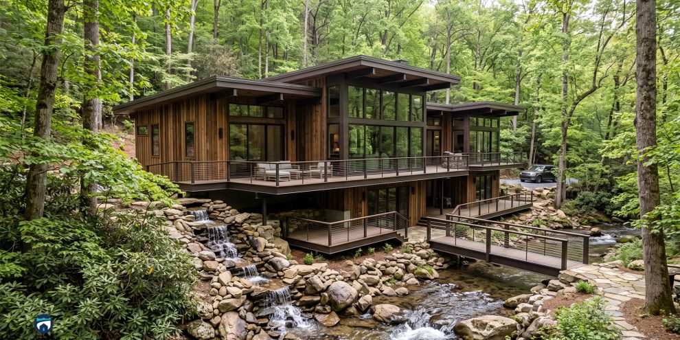 Second-Home-Management-vs-Home-Concierge-Care-in-Northeast-Georgia Modern wooden house with expansive glass walls set among dense green forest, built over a rocky, flowing stream.