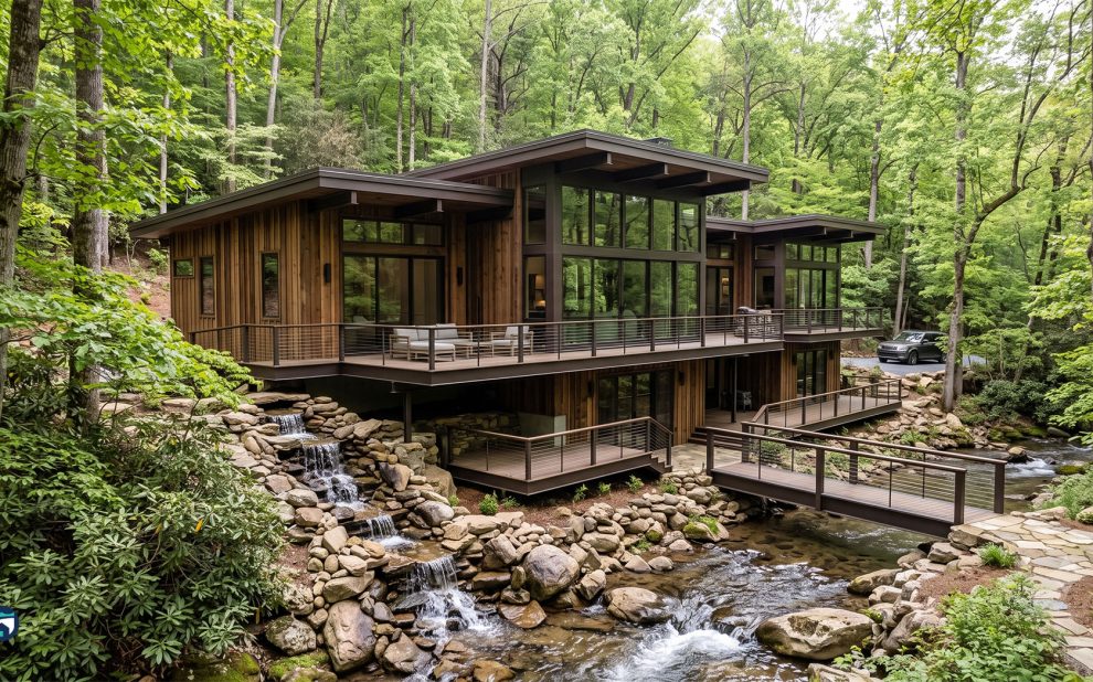 Modern wooden house with expansive glass walls set among dense green forest, built over a rocky, flowing stream.