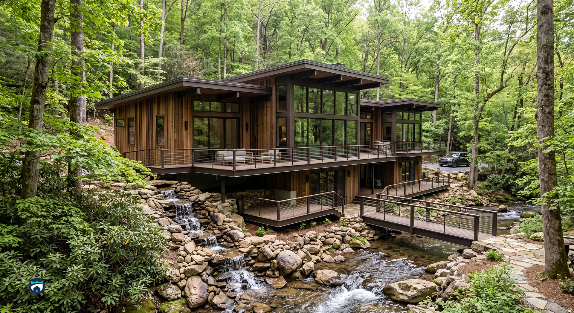 Second-Home-Management-vs-Home-Concierge-Care-in-Northeast-Georgia - Property Stewards Modern wooden house with expansive glass walls set among dense green forest, built over a rocky, flowing stream.