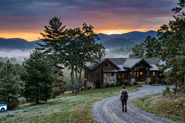 Hiker with backpack walking a gravel path toward a stone-and-wood cabin in a forest at sunset, mountains in the distance.
