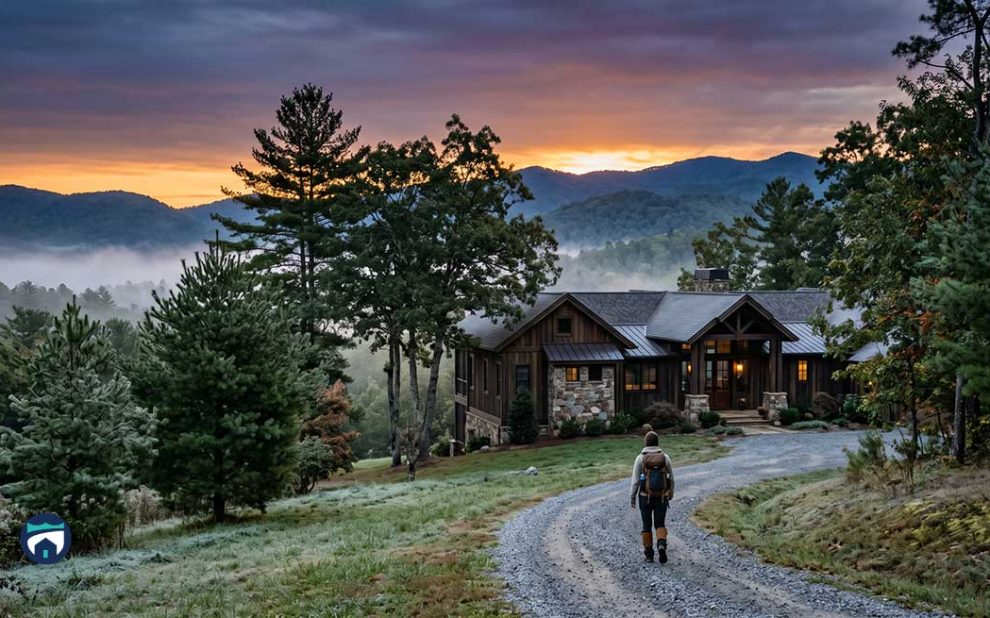 Hiker with backpack walking a gravel path toward a stone-and-wood cabin in a forest at sunset, mountains in the distance.