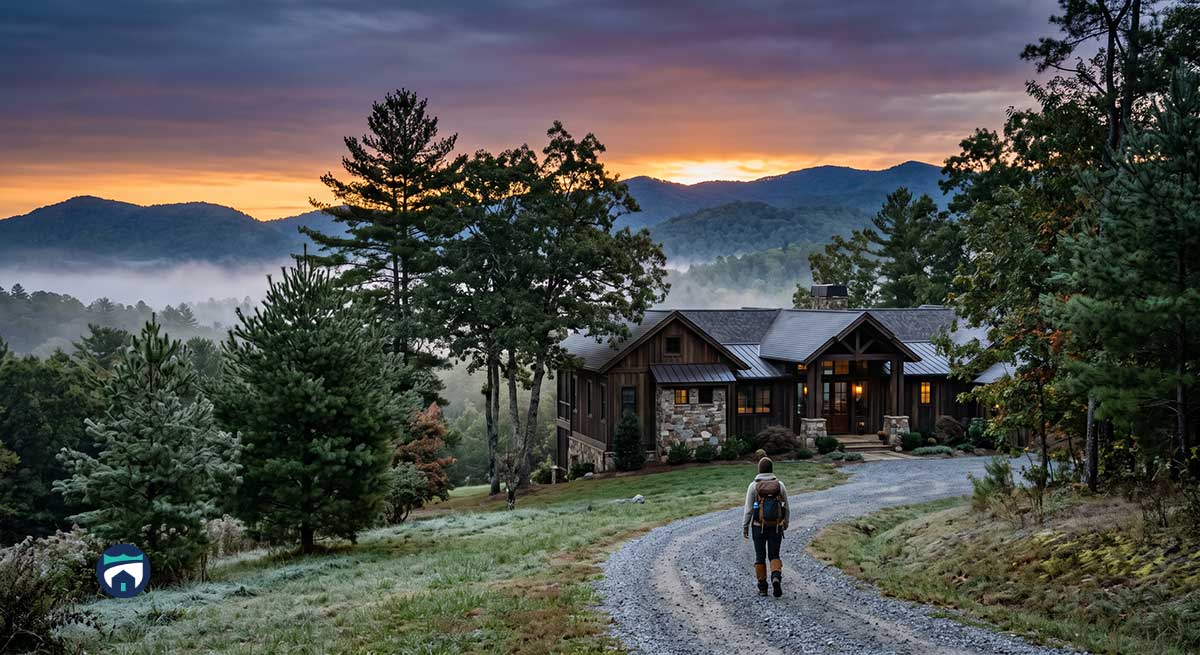 Absentee Homeowner Services in Highlands, NC: Who Watches Your Mountain Home When You Are Away? - Property Stewards Hiker with backpack walking a gravel path toward a stone-and-wood cabin in a forest at sunset, mountains in the distance.