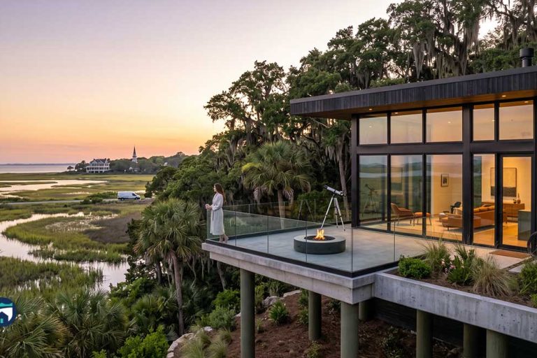 Charleston Home Maintenance Concierge for Coastal Getaway Homes Sunset view from a modern house deck overlooking marshlands; a woman stands by a fire pit near a telescope.