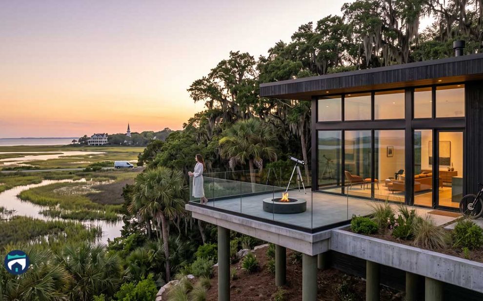 Sunset view from a modern house deck overlooking marshlands; a woman stands by a fire pit near a telescope.