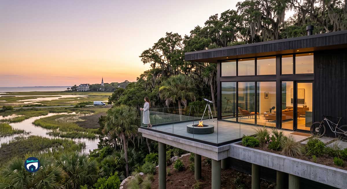 Charleston Home Maintenance Concierge for Coastal Getaway Homes - Property Stewards Sunset view from a modern house deck overlooking marshlands; a woman stands by a fire pit near a telescope.