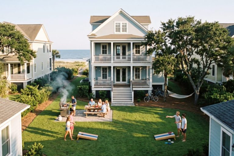 Charleston Second Home Management Coastal Home Care for Absentee Owners Family and friends gather in a grassy backyard for a beachside barbecue with a grill emitting smoke and a picnic table under a blue sky.