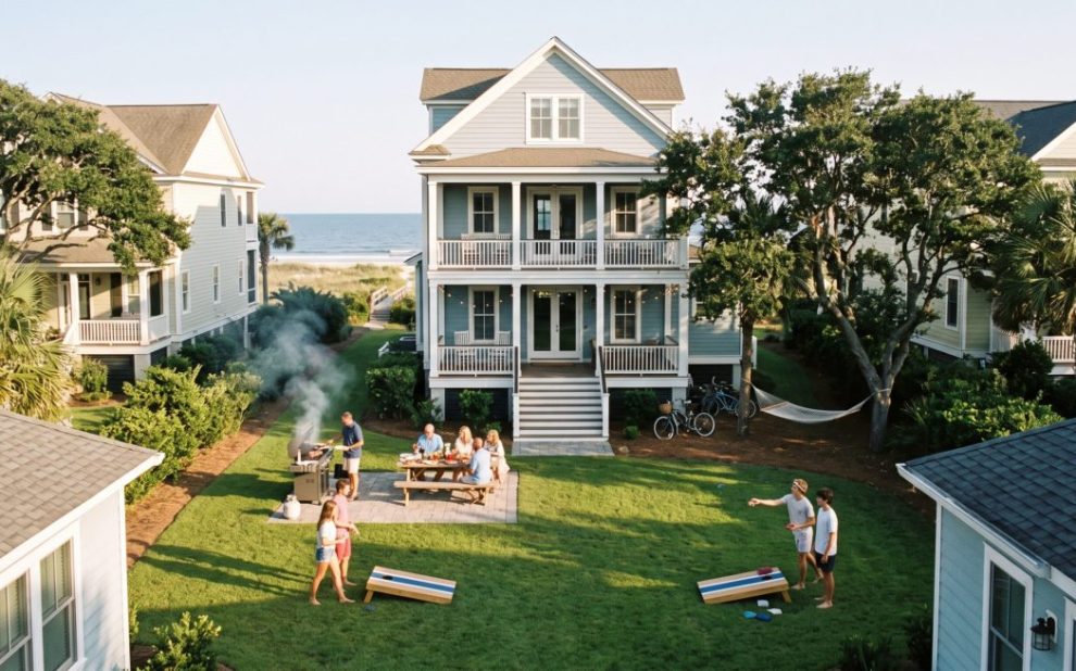 Family and friends gather in a grassy backyard for a beachside barbecue with a grill emitting smoke and a picnic table under a blue sky.