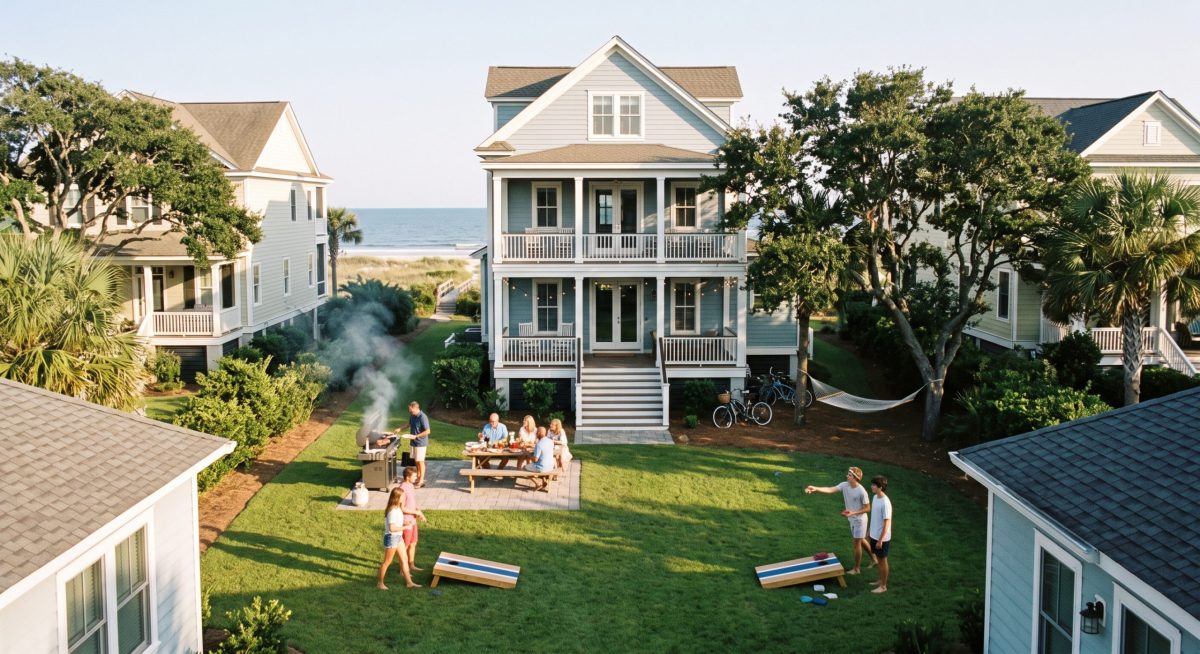 Charleston Second Home Management Coastal Home Care for Absentee Owners - Property Stewards Family and friends gather in a grassy backyard for a beachside barbecue with a grill emitting smoke and a picnic table under a blue sky.