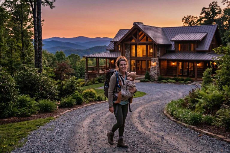 Estate Maintenance Services for Highlands Mountain Homes Woman hiking with a baby in a front carrier in front of a wood cabin at sunset on a gravel driveway, mountains in the background.