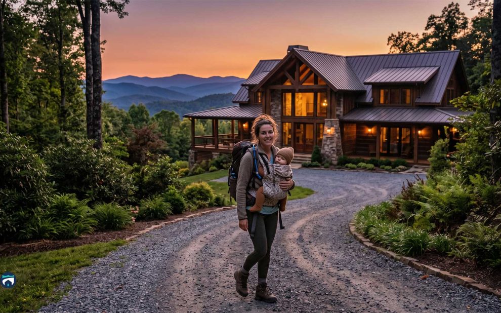 Woman hiking with a baby in a front carrier in front of a wood cabin at sunset on a gravel driveway, mountains in the background.
