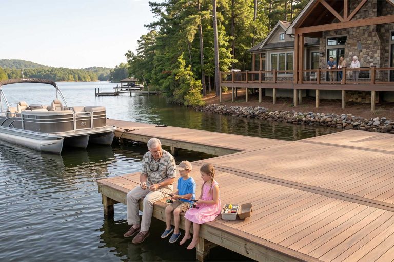 A man and two children fishing on a wooden dock by a lake, with a pontoon boat tied to the dock and a lakeside house in the background. Estate Maintenance Services
