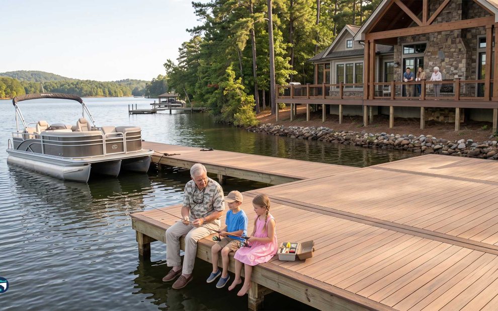A man and two children fishing on a wooden dock by a lake, with a pontoon boat tied to the dock and a lakeside house in the background. Estate Maintenance Services