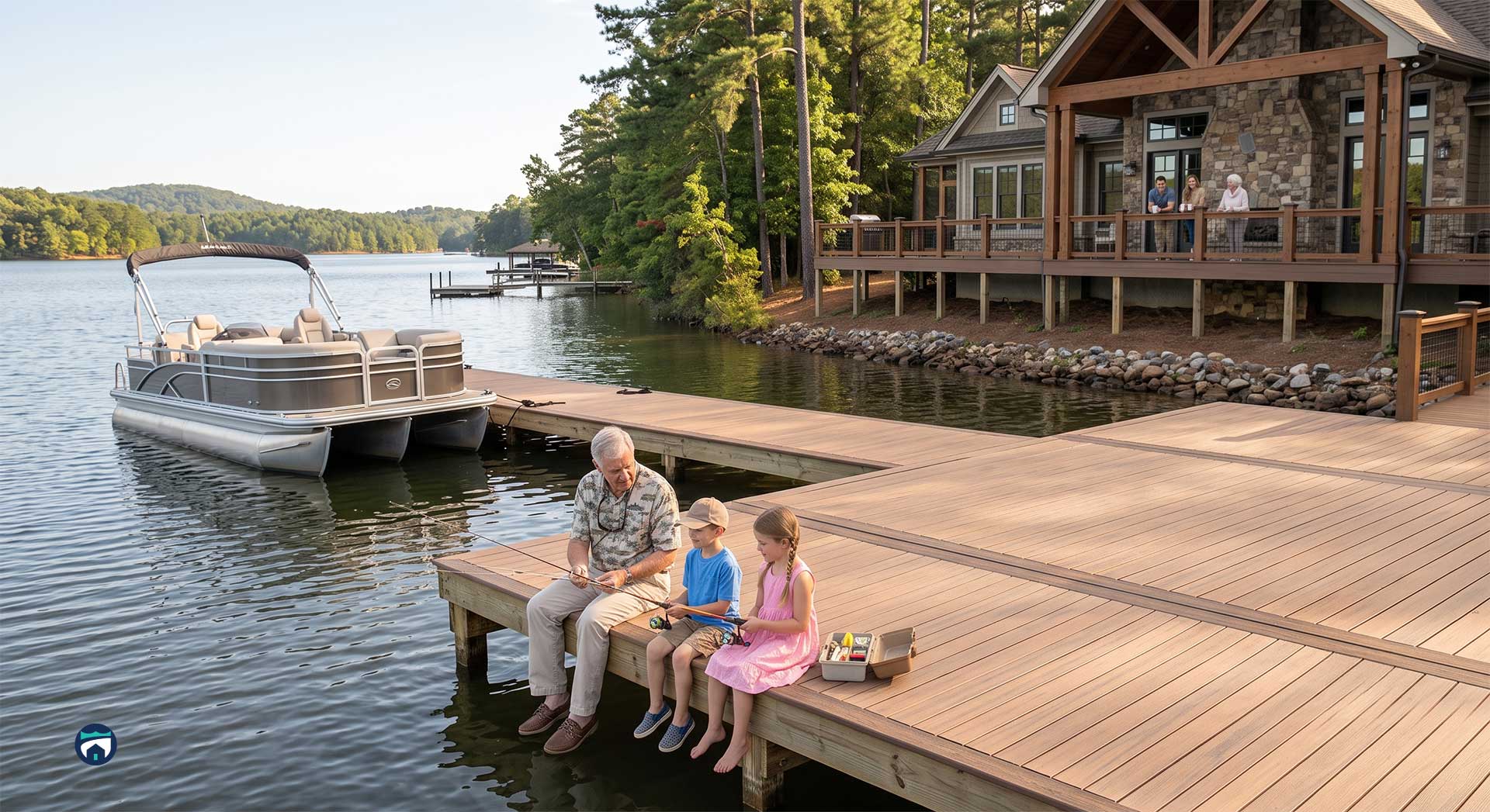 Estate-Maintenance-Services-for-Lake-Oconee-Homes - Property Stewards A man and two children fishing on a wooden dock by a lake, with a pontoon boat tied to the dock and a lakeside house in the background. Estate Maintenance Services