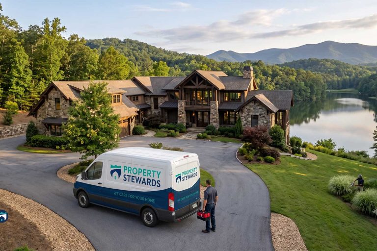 Luxurious stone home on a hill overlooking a lake and forest, with a Property Stewards van in the driveway.