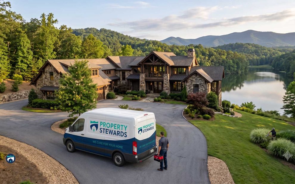 Luxurious stone home on a hill overlooking a lake and forest, with a Property Stewards van in the driveway.