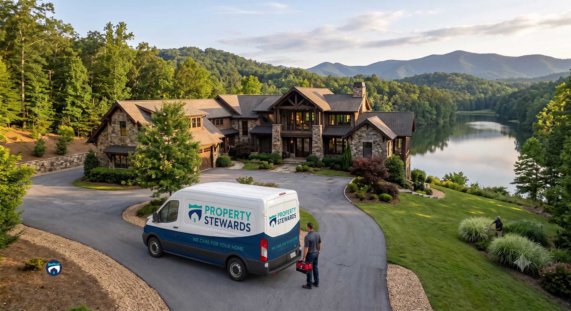 - Property Stewards Luxurious stone home on a hill overlooking a lake and forest, with a Property Stewards van in the driveway.