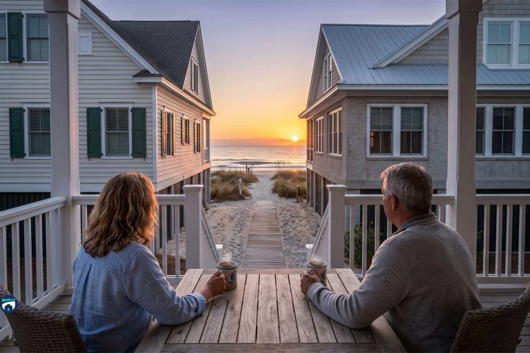 Estate Manager vs. Coastal Home Concierge for Charleston Getaway Homes Two people sit at a wooden patio table on a balcony, facing a beach at sunset between two beachfront houses. Estate Manager