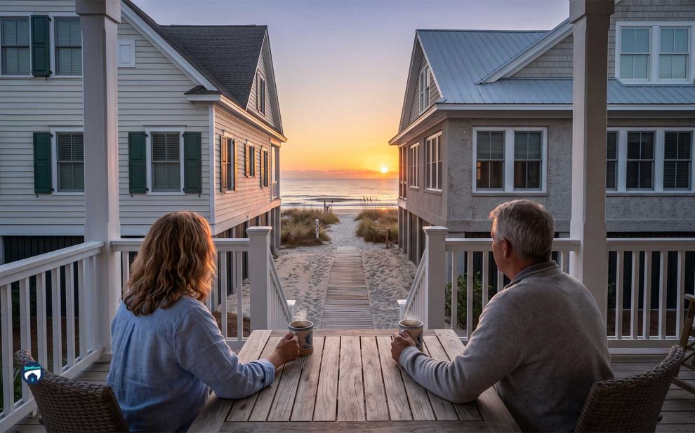 Two people sit at a wooden patio table on a balcony, facing a beach at sunset between two beachfront houses. Estate Manager