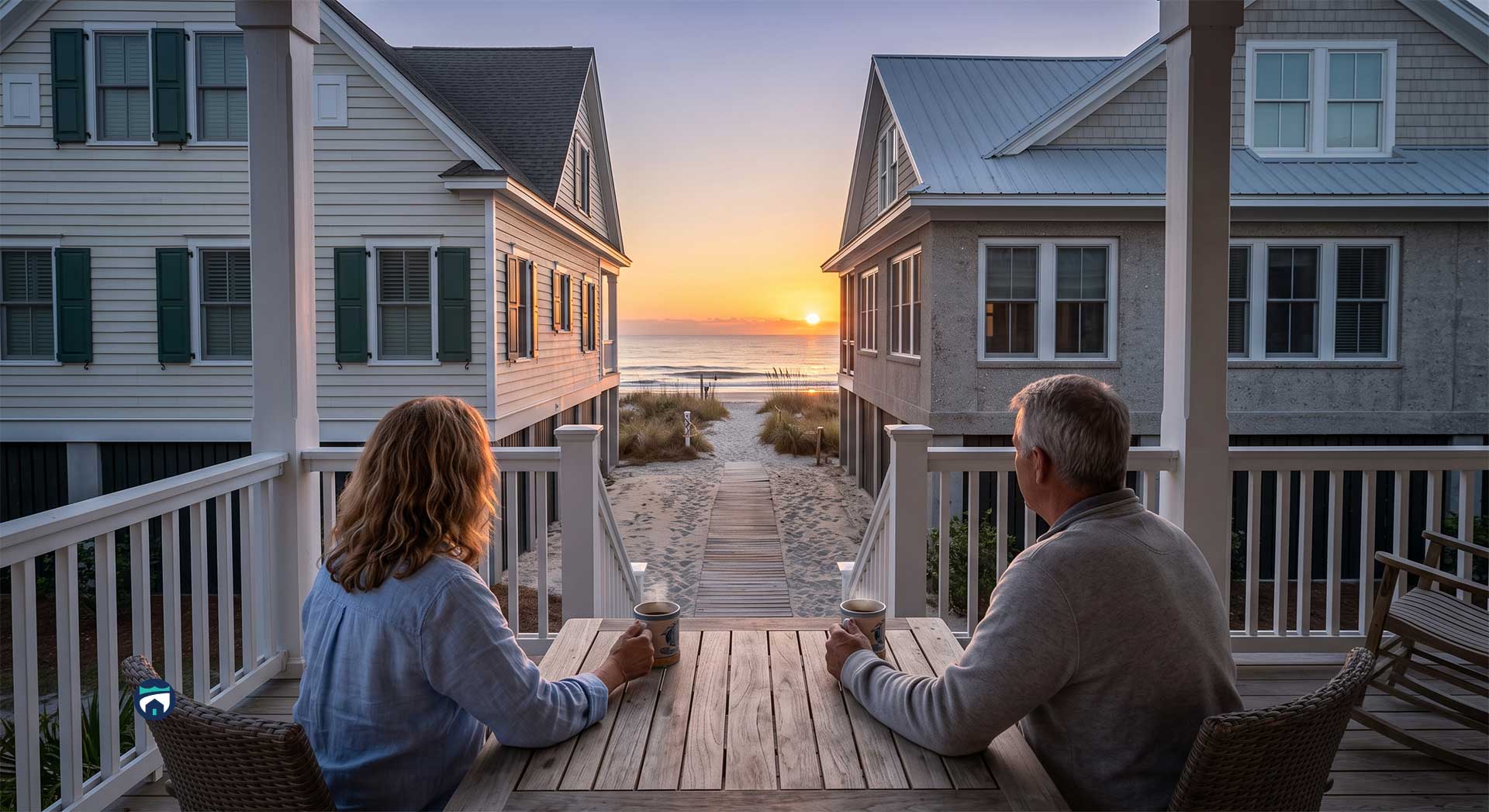 Estate Manager vs. Coastal Home Concierge for Charleston Getaway Homes - Property Stewards Two people sit at a wooden patio table on a balcony, facing a beach at sunset between two beachfront houses. Estate Manager
