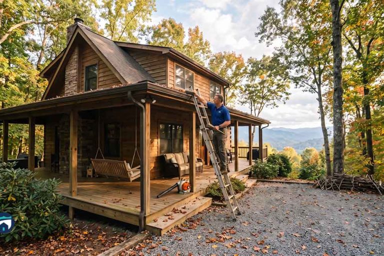 Man on a ladder repairs the roof of a wooden cabin surrounded by autumn trees on a spacious porch.