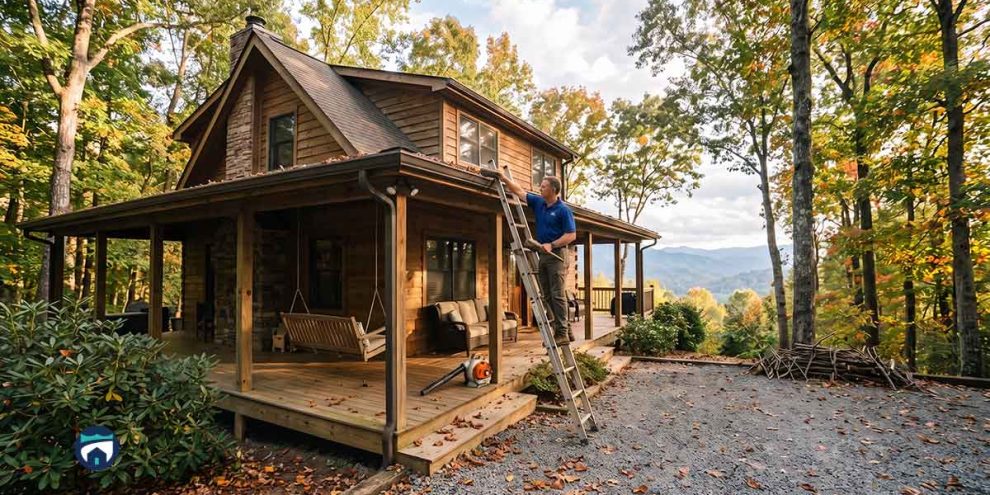 Man on a ladder repairs the roof of a wooden cabin surrounded by autumn trees on a spacious porch.